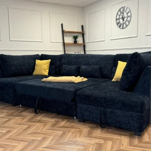Meridian U Shape Corner Sofa Bed with Storage in Black Alaska Chenille