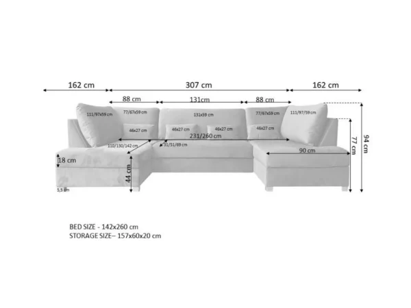 Meridian U Shape Sofa Bed with Storage Alaska Chenille Platinum GreyM