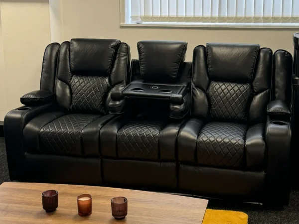 Orlando 32 Electric Recliner Sofa Set in Black Leather with USB Port Drop Down Table and Cupholders USSS1