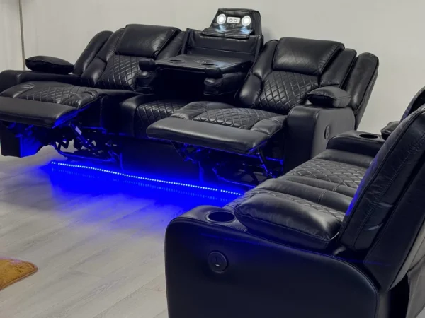 Orlando 32 Electric Recliner Sofa Set in Black Leather with USB Port Drop Down Table and Cupholders USSS4